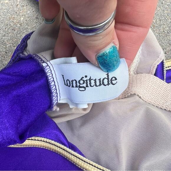 80s Longitude Royal Purple Ruched Faux Button Madonna One Piece Swimsuit 14 TALL - Picture 6 of 8